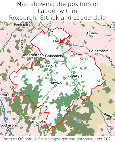 Map showing location of Lauder within Roxburgh, Ettrick and Lauderdale