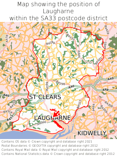 Map showing location of Laugharne within SA33