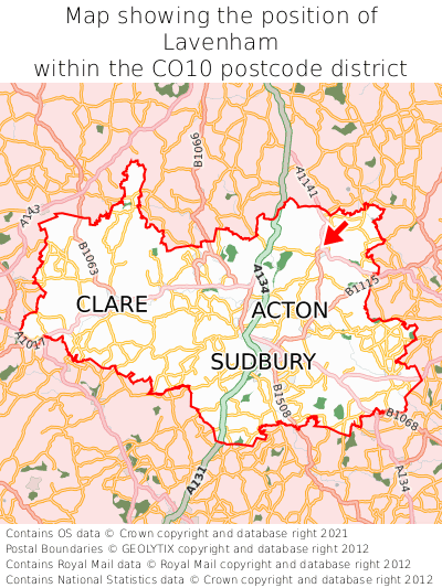 Map showing location of Lavenham within CO10