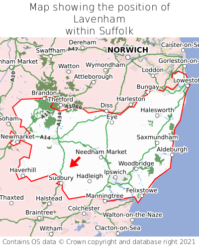 Map showing location of Lavenham within Suffolk
