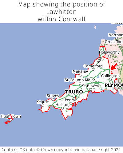 Map showing location of Lawhitton within Cornwall