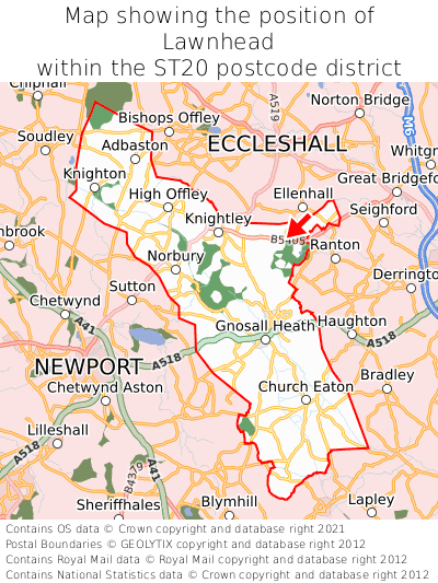 Map showing location of Lawnhead within ST20
