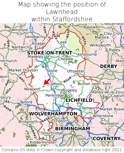 Map showing location of Lawnhead within Staffordshire