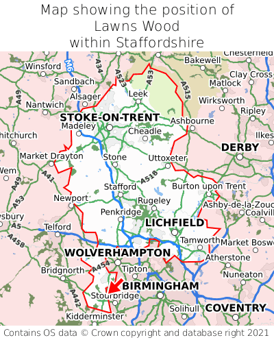 Map showing location of Lawns Wood within Staffordshire