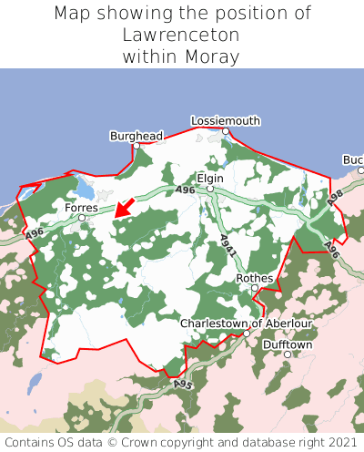 Map showing location of Lawrenceton within Moray