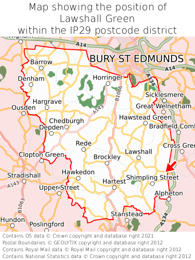 Map showing location of Lawshall Green within IP29