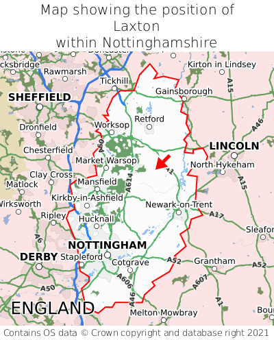 Map showing location of Laxton within Nottinghamshire