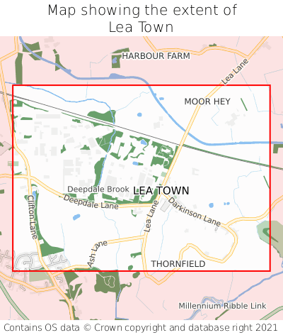 Map showing extent of Lea Town as bounding box