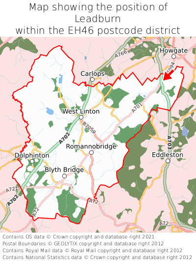 Map showing location of Leadburn within EH46