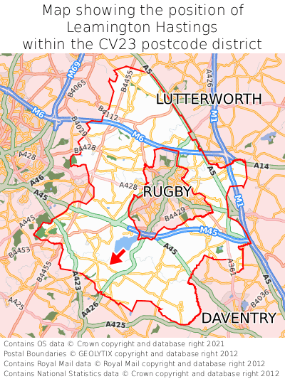 Map showing location of Leamington Hastings within CV23