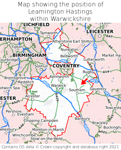 Map showing location of Leamington Hastings within Warwickshire