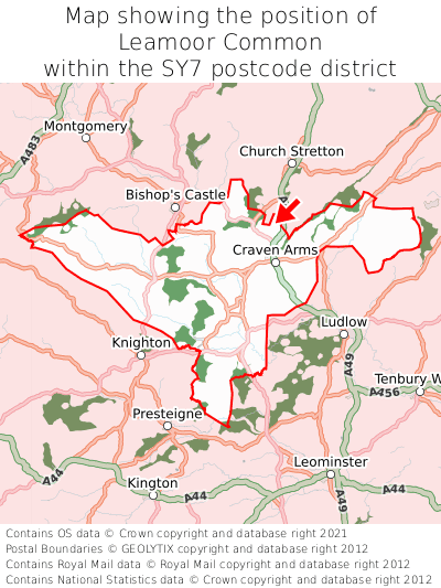 Map showing location of Leamoor Common within SY7