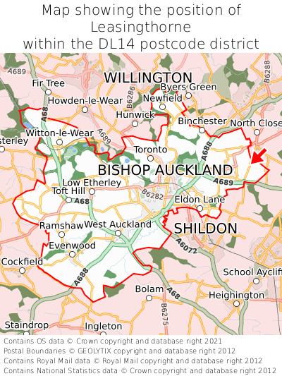 Map showing location of Leasingthorne within DL14