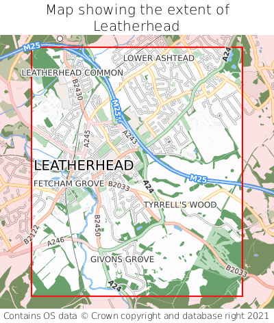 Map showing extent of Leatherhead as bounding box