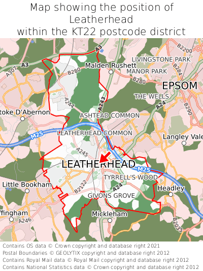 Map showing location of Leatherhead within KT22