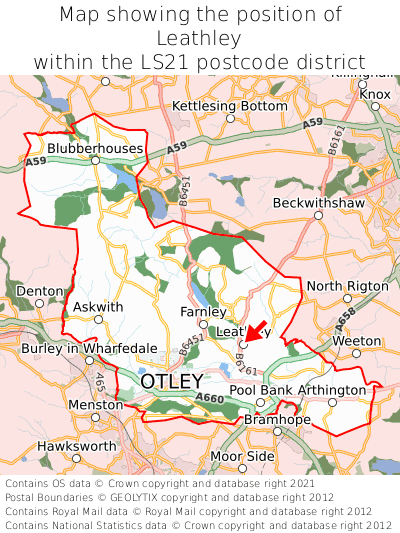 Map showing location of Leathley within LS21
