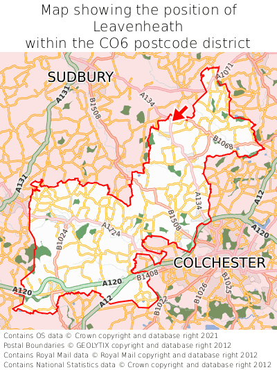 Map showing location of Leavenheath within CO6