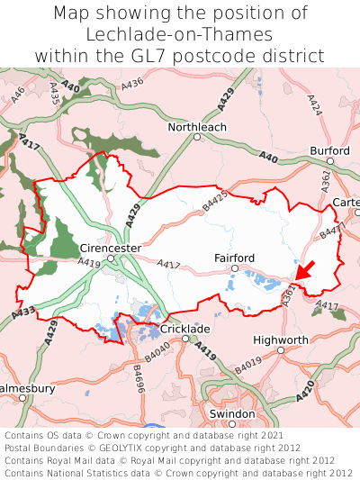 Map showing location of Lechlade-on-Thames within GL7