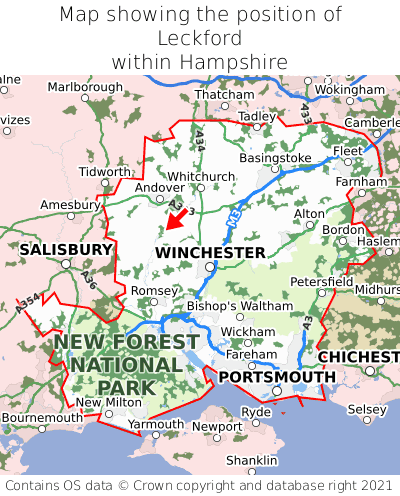 Map showing location of Leckford within Hampshire