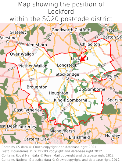 Map showing location of Leckford within SO20