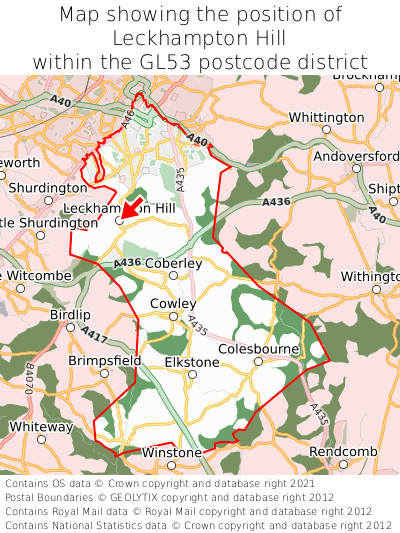 Map showing location of Leckhampton Hill within GL53