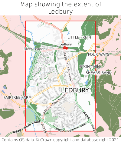 Map showing extent of Ledbury as bounding box