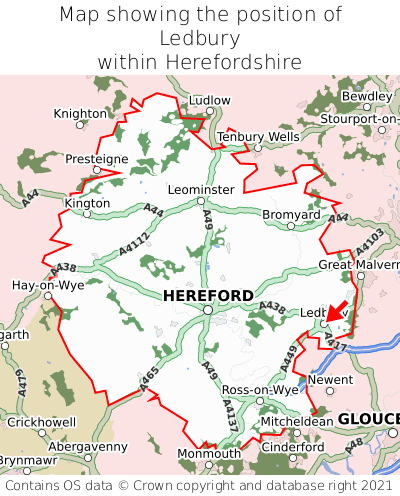 Map showing location of Ledbury within Herefordshire