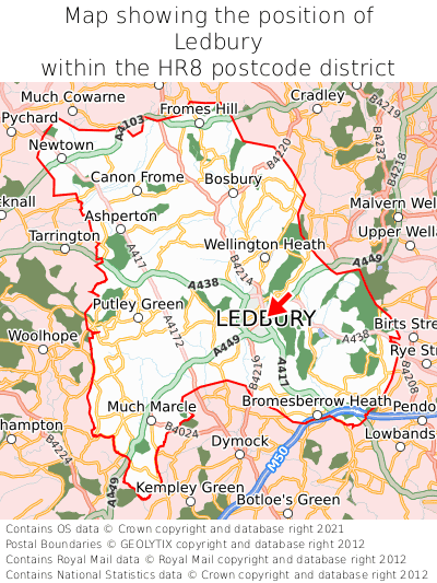 Map showing location of Ledbury within HR8