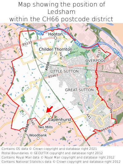 Map showing location of Ledsham within CH66