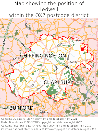 Map showing location of Ledwell within OX7