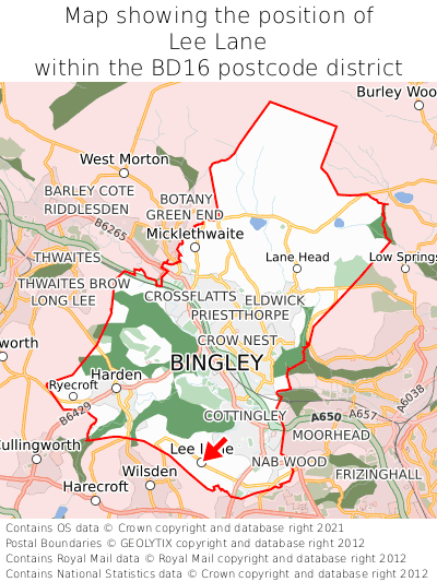 Map showing location of Lee Lane within BD16