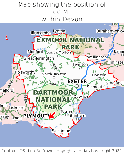 Map showing location of Lee Mill within Devon