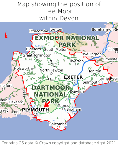Map showing location of Lee Moor within Devon