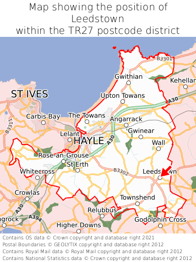 Map showing location of Leedstown within TR27