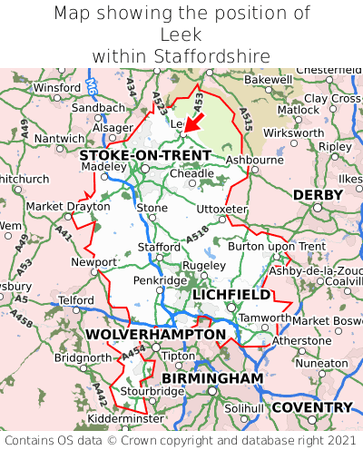 Map showing location of Leek within Staffordshire