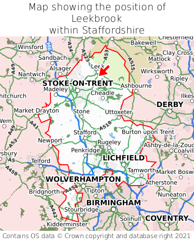 Map showing location of Leekbrook within Staffordshire
