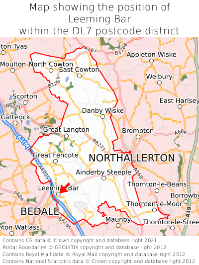 Map showing location of Leeming Bar within DL7