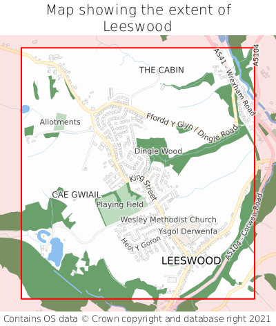 Map showing extent of Leeswood as bounding box