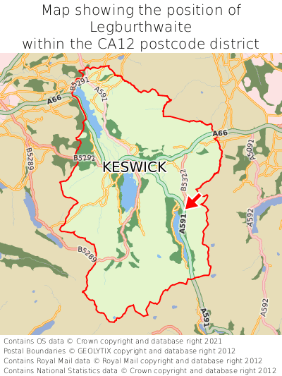 Map showing location of Legburthwaite within CA12