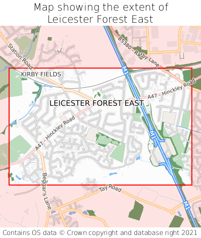 Map showing extent of Leicester Forest East as bounding box