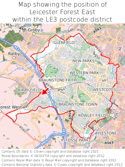Map showing location of Leicester Forest East within LE3