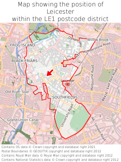 Map showing location of Leicester within LE1