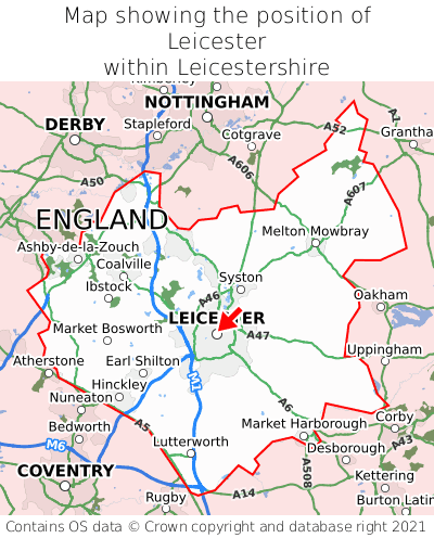 Map showing location of Leicester within Leicestershire