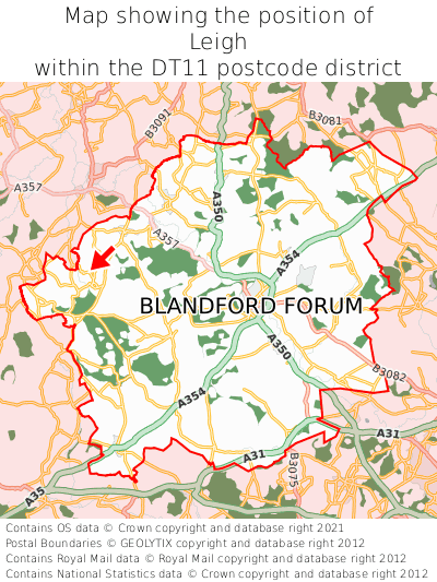 Map showing location of Leigh within DT11