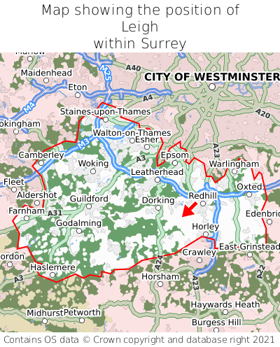 Map showing location of Leigh within Surrey