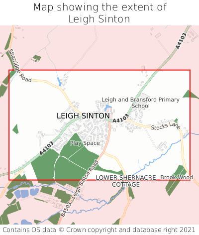 Map showing extent of Leigh Sinton as bounding box