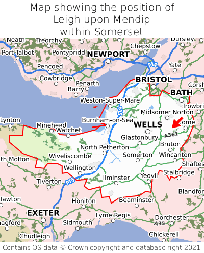 Map showing location of Leigh upon Mendip within Somerset