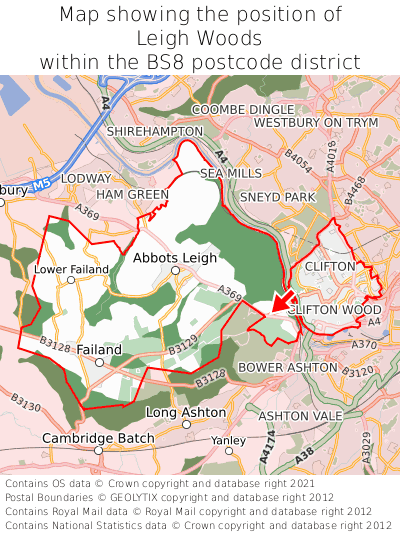 Map showing location of Leigh Woods within BS8