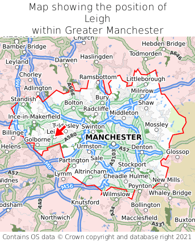 Map showing location of Leigh within Greater Manchester
