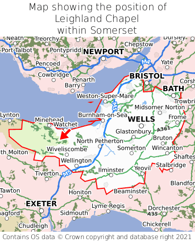 Map showing location of Leighland Chapel within Somerset